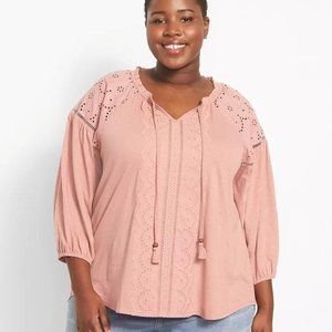 Blouson-Sleeve Mixed-Fabric Knit Top White 18/20